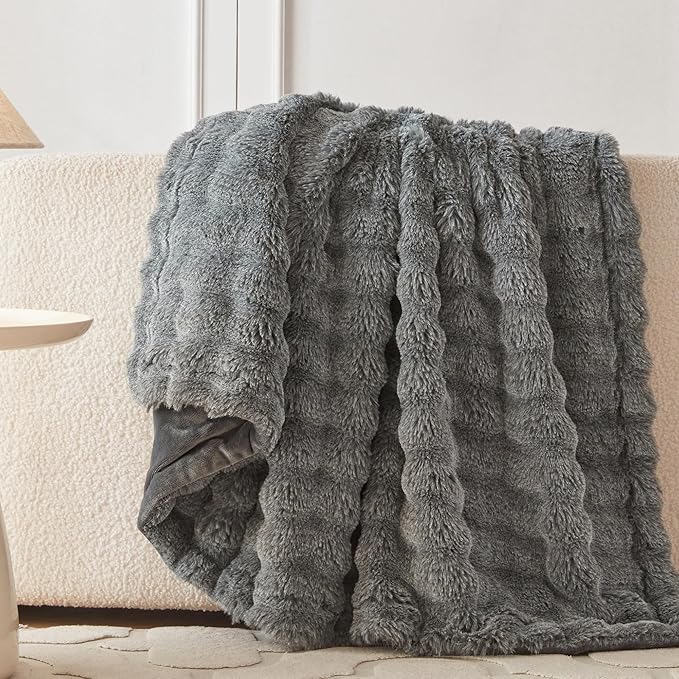 COOVA Faux Fur Throw Blanket for Couch, Cozy Soft and Fuzzy Plush Rabbit Fur Bubble Blanket for Sofa Bedroom Living Room, 60x80 Inches Cationic Light Grey