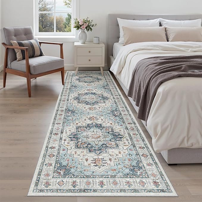 Madane Runner Rug 2'6''x8' Kitchen Runner, Hallway Runner Vintage Washable Rugs Soft Non-Slip Low Pile 2.5x8 ft Runners for Hallways Laundry Room Distressed Rug, Blue