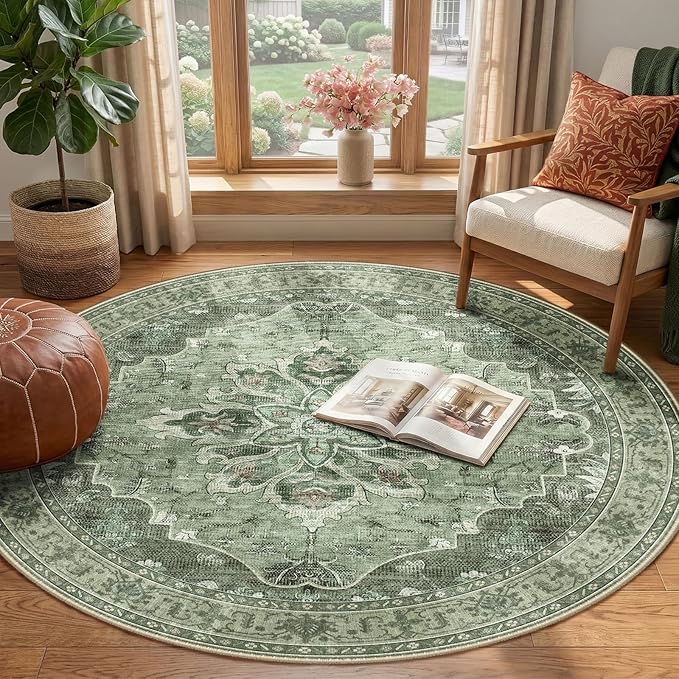 RELEANY Area Rugs 4ft Washable Non-Slip, Floral Vintage Distress Print Pattern Medallion Carpet for Living Room Bedroom Dining Room, Dark Green Gray