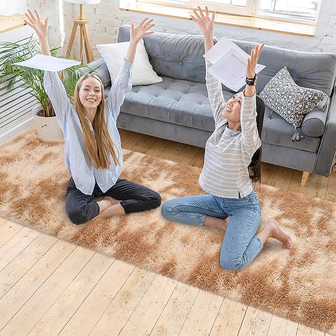 Super Soft Fluffy Living Room Area Rugs 2x10 ft Tie-Dyed Beige Shaggy Furry Carpet Washable Non-Slip Floor Rug Bedroom Bedside Nursery Rug Fuzzy Girls Boy Reduce Noise Dorm Home Decor