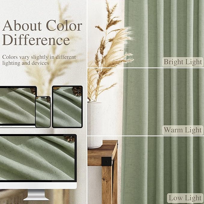 Nanspring Light Sage Linen Curtains 96 Inches Long 2 Panels Set for Living Room Rod Pocket Back Tab Semi Sheer Light Filtering Protect Privacy Pale Green Curtain for Bedroom Floor Length 52x96