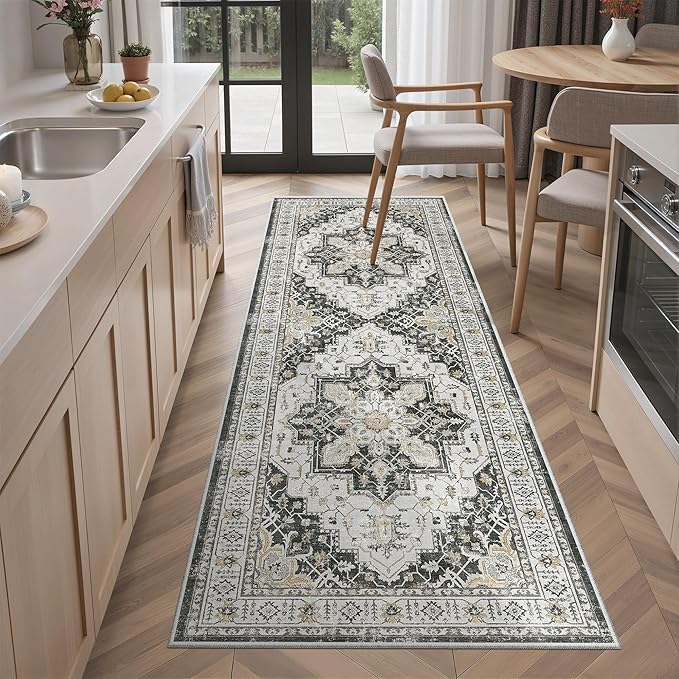 Madane Washable Runner Rug - 2x6 Rug Runners for Hallways 6 Feet Non Slip Vintage Kitchen Runner Rug Ultra-Thin Bathroom Runner Rugs Carpet Laundry Room Bedroom (2x6ft, Black)