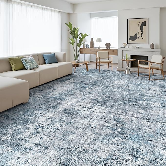 12x15 Washable Area Rug Blue/Grey Neutral Abstract Living Room Large Carpet Non Slip Bedroom Indoor Office Dining Room Low Pile Thin Rug