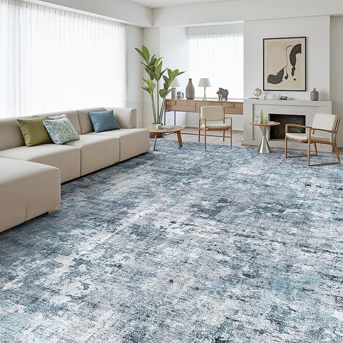 10x14 Area Rugs for Living Room, Non Slip Machine Washable Vintage Rugs, Low Pile Lightweight Large Rug for Bedroom, Dining Room, Home Office Blue