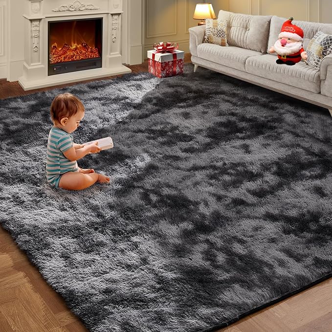 Shag Area Rugs for Living Room 5x7 Feet, Upgrade Anti-Skid Rectangular Cozy Rug, Indoor Floor Carpet for Kids Boys Girls Dorm Bedroom Playroom, Home Decor Aesthetic, Tie-Dyed Dark Gray