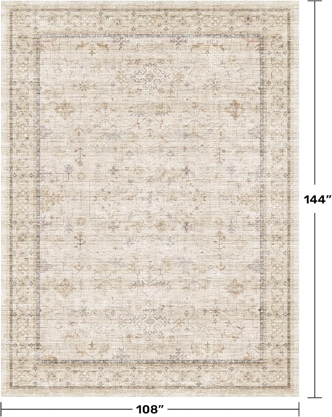 Washabel Lvory Modern Rugs for Living Room, 9x12 Low Pile Floral Carpet for Large Dining Room,Neutral Light Beige Foldable Area Rug for Bedroom, Farmhouse Geometric Pattern, Vintage Home Décor