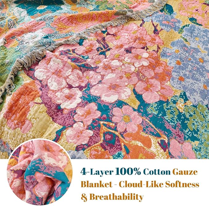 MSGKV Boho Throw Blanket for Bed 60"x80" Cotton Couch Blankets Floral Twin Size Spring Breathable Farmhouse Blankets All Seasons Lightweight Muslin