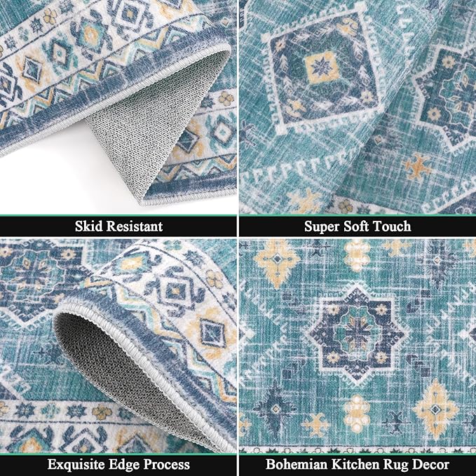 HEBE Boho Kitchen Rug Sets 3 Piece with Runner Non Slip Kitchen Rugs and Mats Washable Kitchen Mats for Floor Thick Kitchen Floor Mat Carpet Runner Rugs for Hallway Laundry Holiday Decor