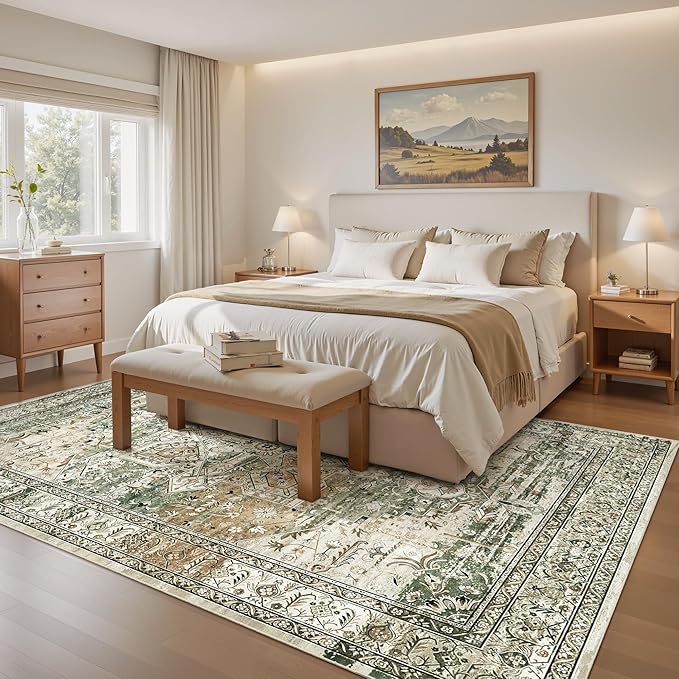Soalmost 5x7 Area Rugs Low Pile Indoor Washable Trendy Faded Style Rugs for Bedroom Living Room Dining Room Foldable Non-Slip Thin Print Mat Green Olive Beige