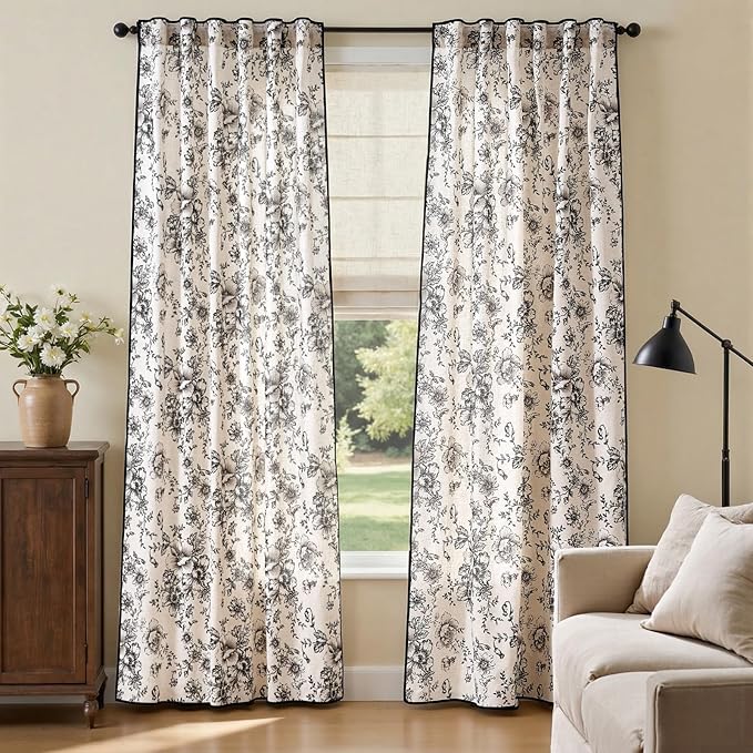 jinchan Linen Blend Floral Curtains French Country Curtain for Living Room 84 Inch Length Black Printed Curtain Rod Pocket Back Tab Farmhouse Peony Flower Patterned Drapes Window Curtains Set 2 Panels