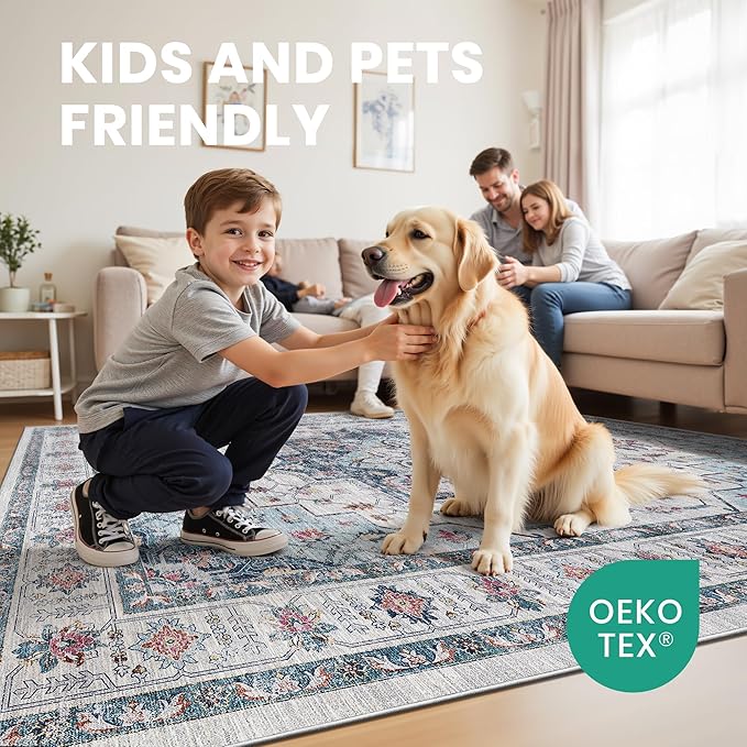 zesthome 6x9 Area Rugs, Machine Washable Rugs for Living Room, Bedroom,Stain Resistant Vintage Large Area Rug,Non-Slip Medallion Pattern Home Decor Rugs (Blue,6'x9')