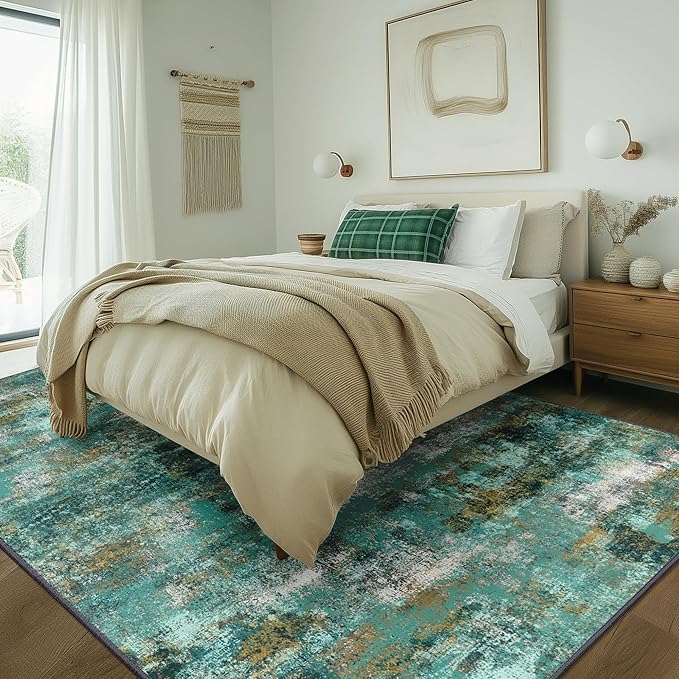 Area Rugs 5x8 for Living Room Bedroom, Modern Abstract Machine Washable Rug, Large Soft Low Pile Floor Carpet with Non Slip Backing for Dining Room, Turquoise