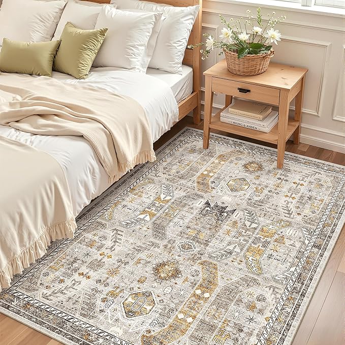Madane Area Rug 4x6 Washable Rugs: Vintage Living Room Rug Soft Low Pile Non Slip Area Rugs Distressed Indoor Floor Carpet for Bedroom Kitchen Dining Room Home Decor, Brown/Gold