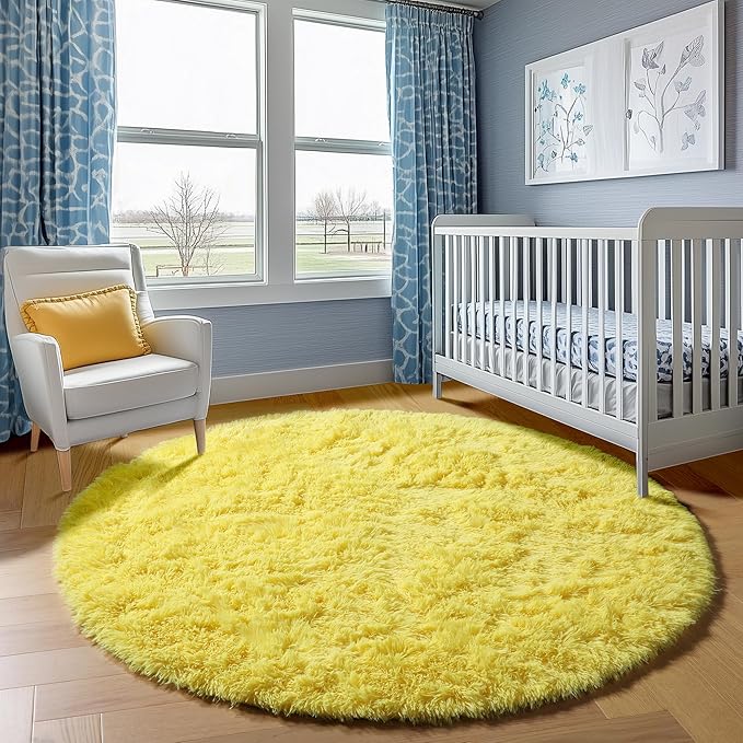 ONASAR Yellow Round Rugs 5ft for Bedroom Living Room, Fluffy Circle Area Rug for Kids Girls Boys Teen, Soft Plush Shaggy Carpet for Nursery Dorm Classroom Playroom Home Decor Aesthetic