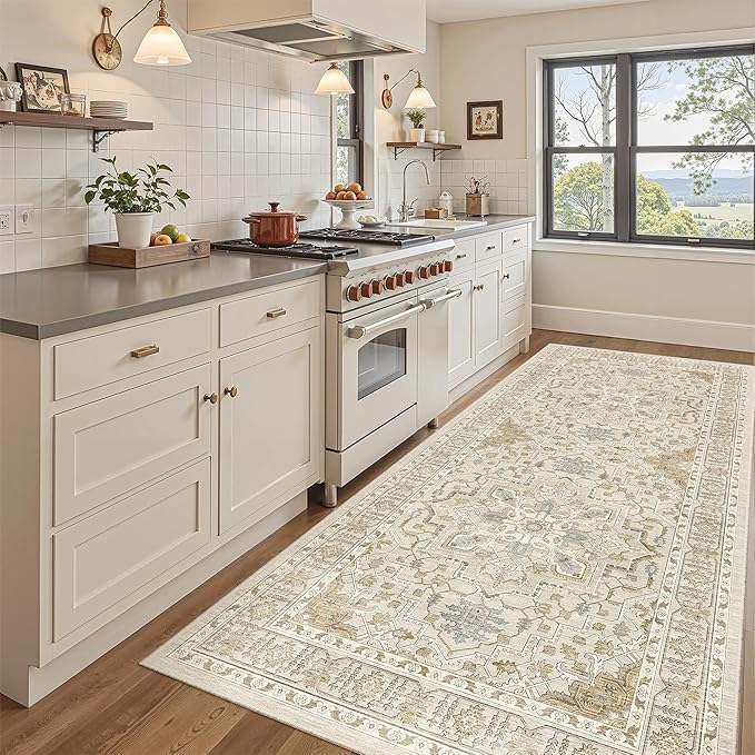 Madane Hallway Runner Rug 4x8 Wide: Washable Thin Runners for Hallways Entry, Non Slip Soft Vintage Kitchen Rugs Low Pile Carpet Runners for Living Room Bedroom Dining Room Foyer (Beige/Blue, 4x8)