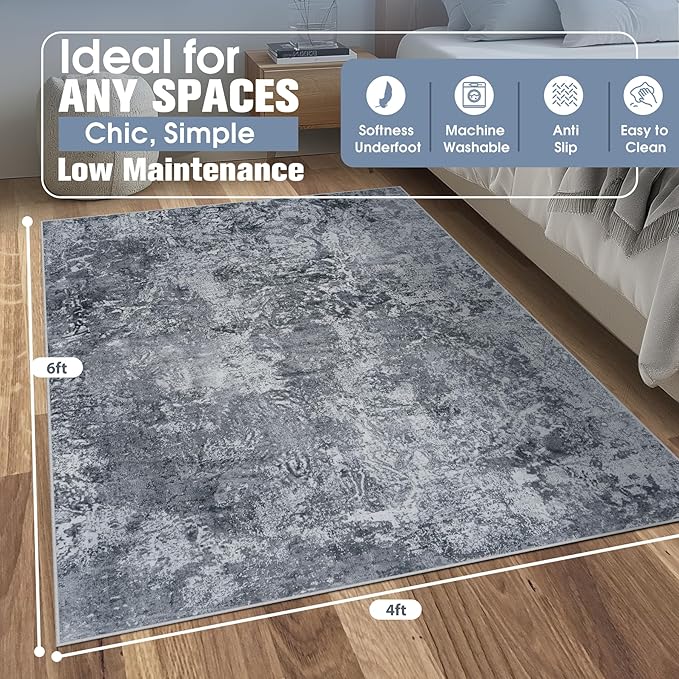 4x6 Area Rugs for Living Room Rug Washable: Abstract Rug for Dining Room Bedroom Carpet Non Slip 4 by 6 Indoor Modern Nursery Home Office Black