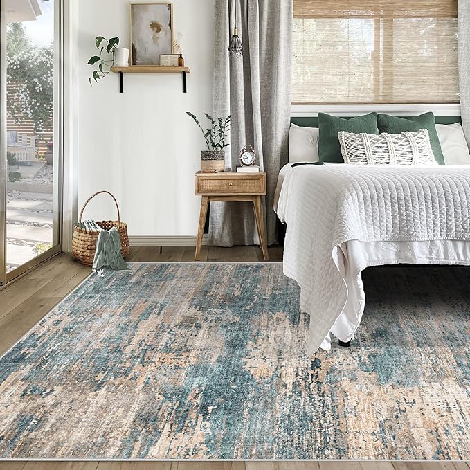 XLUEZ 5x7 Area Rugs for Living Room, Washable Modern Abstract Large Area Rug Neutral Soft Non Slip Kids Rug Stain Resistant Indoor Carpet for Bedroom Nursery Dining Room Playroom(GreenBrown, 5'x7')