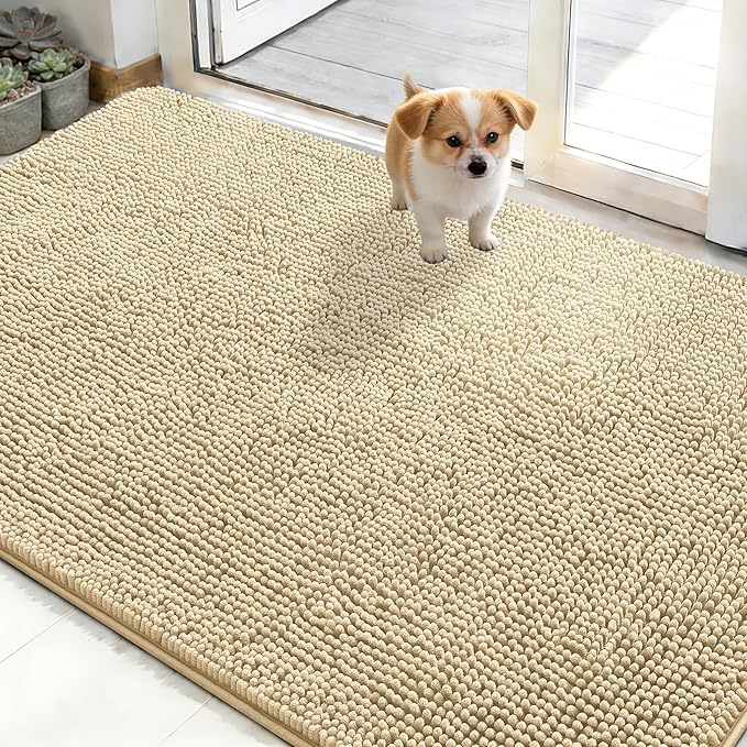 OLANLY Dog Door Mat for Muddy Paws 48x30, Absorbs Moisture and Dirt, Absorbent Non-Slip Washable Doormat, Quick Dry Chenille Mud Mat for Dogs, Entry Indoor Entryway Carpet for Inside Floor, Sand