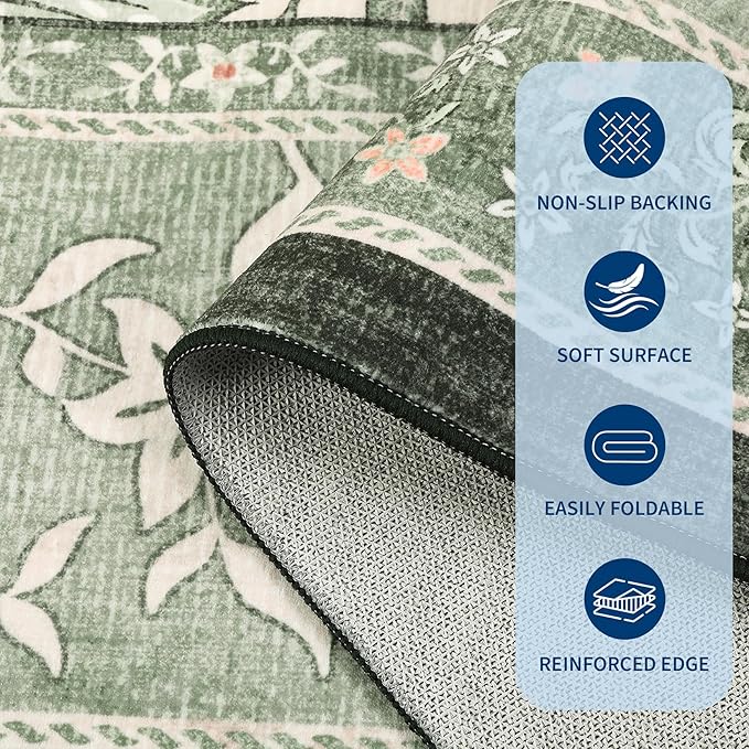 GarveeHome Provence Sage Green Area Rugs 10x13 Living Room, Botanical Grove Sage Green Cottagecore Washable Non-Slip Rug for Bedroom Dining Nursery Low-Pile Vintage Large Soft Carpet