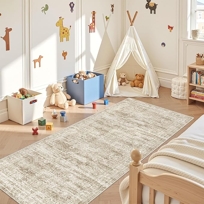 3x8 Runner Rug Non Slip Washable for Entryway, Vintage Hallway Runner for Front Porch, Laundry Room, Bedroom, Abstract Stain Resistant Thin Indoor Kitchen Mats for Floor(3'x8', Brown/Ivory)