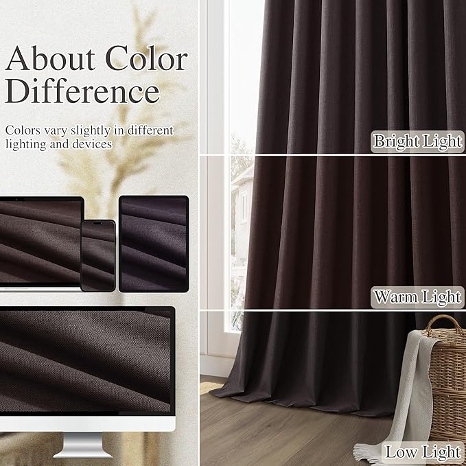 Guken 100% Blackout Curtains 102 Inch Length 2 Panels Set for Living Room Bedroom Back Tab Thermal Insulated Black Out Linen Drapes Room Darkening Cocoa Coffee,52x102