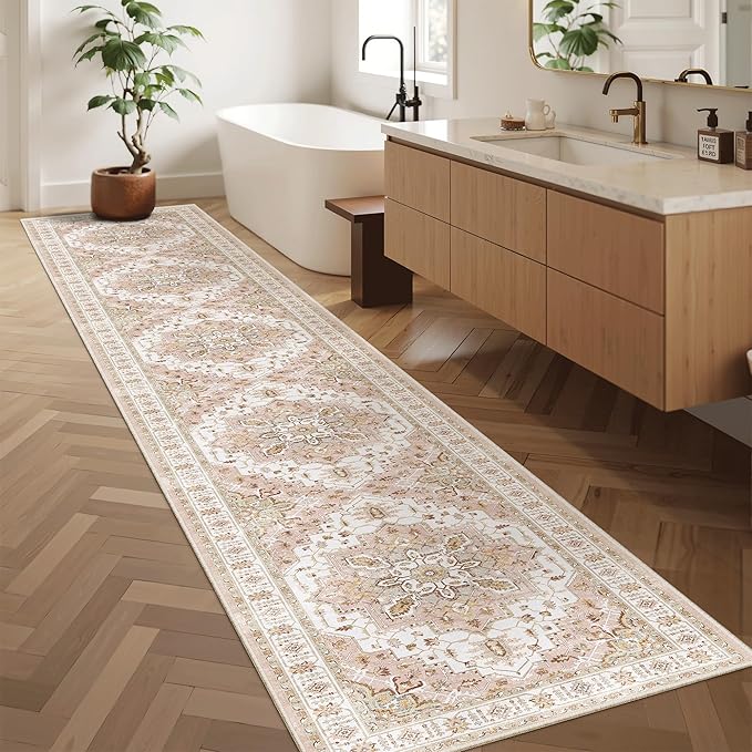 Madane Hallway Runner Rug 2x12, Extra Long Washable Runner Rugs with Rubber Backing, Non Slip Carpet Runner, Vintage Medallion Rug Runners for Kitchen Laundry Room Entryway (Pink, 2'x12')