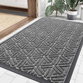 Smiry Front Door Mat Outside Entrance, Heavy Duty Sturdy Natural Rubber Doormat, Trap Dirt and Moisture, Easy Clean Low Profile Mats for Indoor Outdoor Entry, Grid Geometric (35x23, Silver Grey)