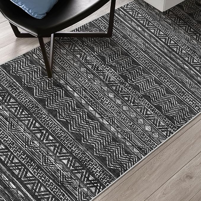 2x6 Washable Hallway Runner Rug - Moroccan Non-Slip Indoor Table Long Runners for Entryway Soft Low Pile Neutral Rugs for Kitchen Waterproof Geometric Carpet for Bedroom Bathroom Laundry 2x6 Black