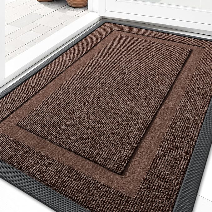 OLANLY Front Door Mat Indoor Outdoor Entrance, Waterproof All-Season, All-Weather Doormat, Sturdy Natural Rubber, Low Profile, Easy Clean Patio Porch Entryway Mat, 29.5x17, Chocolate Brown