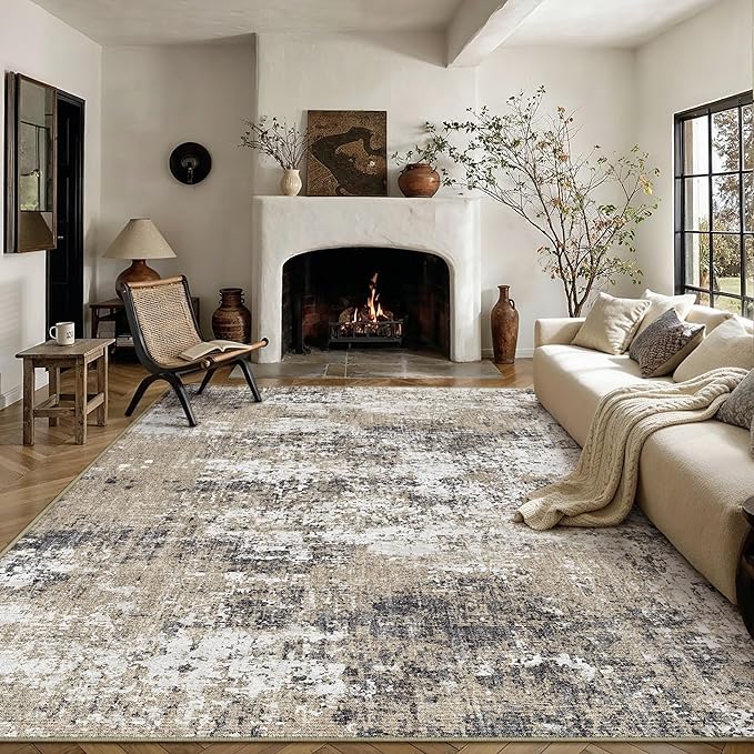 PureCozy 8x10 Abstract Area Rug Brown Washable Modern Neutral Living Room Carpet Non Slip Ultra Soft Low Pile Contemporary Bedroom Large Rug Indoor Office Dining Room Under Table Playroom