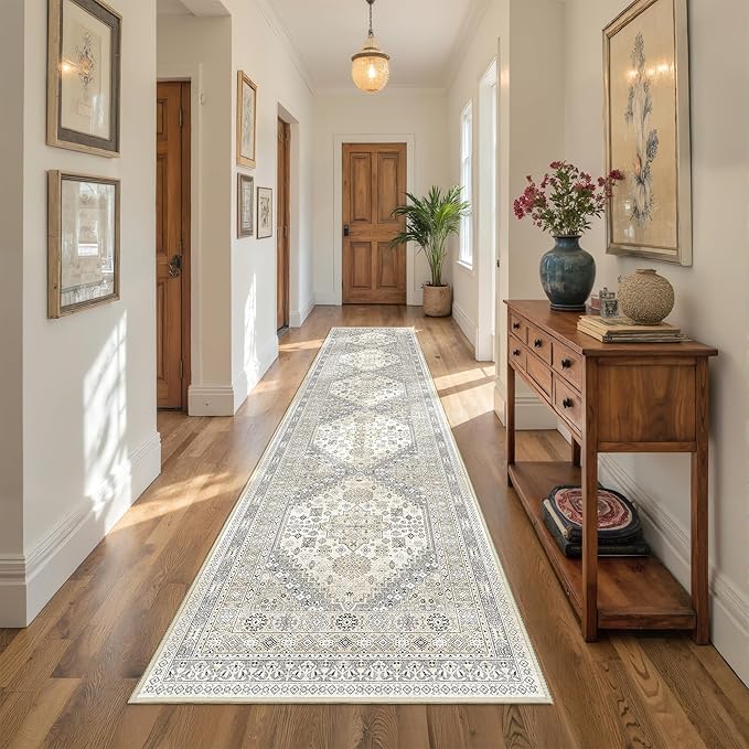 Carpet Runners for Hallway 12ft, Non-Slip Long Bathroom Rugs Runner for Kitchen, Living Room, Bedroom, Soft Vintage Washable Rug for Entryway, Thin Floor Mat for Dining Room(Beige,2.5'x12')