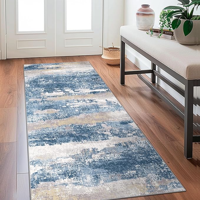 BEIMO Runner Rug for Hallway Kitchen 2x8 Machine Washable Runners Rug for Entryway, Blue Cream Soft Modern Abstract Throw Rugs, Floor Carpet with Non Slip Rubber Backing