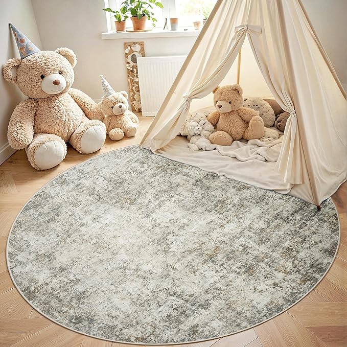 Round Rug 5ft Circle Rug Washable: Carpet Small Circular Area Rug for Entryway Kitchen Bedroom Dining Room Living Room 5 Feet Abstract College Dorm Non Slip Low Pile Beige Brown