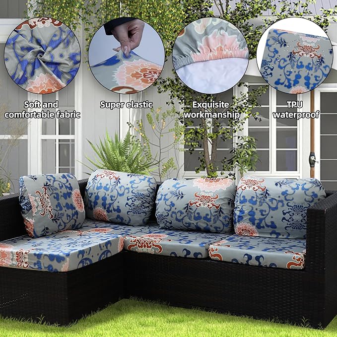 Outdoor Cushion Covers Set,8PCS Patio Furniture Couch Seat Slipcovers, Replacement for Sofa Sectional Chair(Cover，Only)
