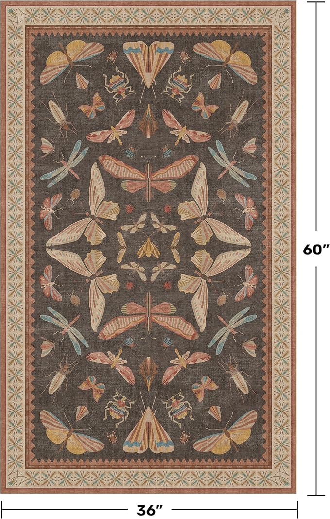Boho Brown 3x5 Entryway Rugs Indoor - Farmhouse Kitchen Throw Area Rug, Insect Carpet for Bedroom, Mudroom, Laundry Room, Unique Home Décor, Low Pile & Soft Mat