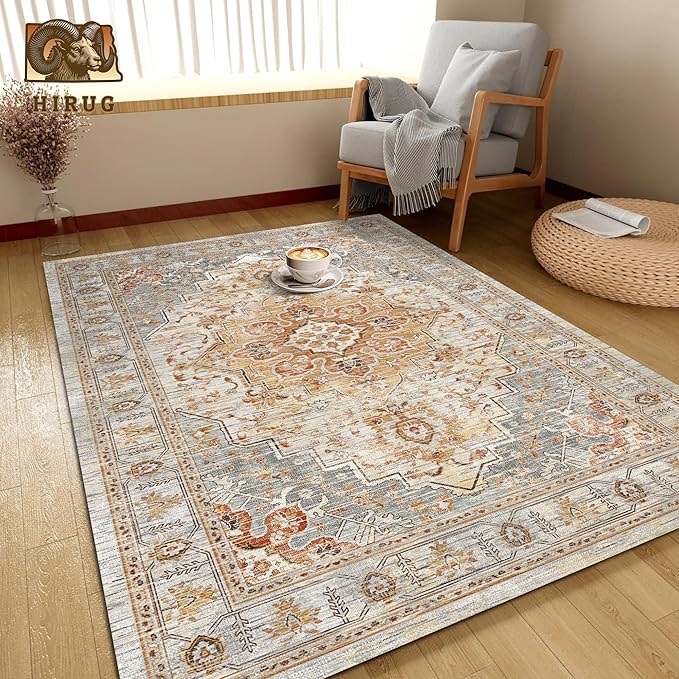 Washable Area Rug 8' x 10' Vintage Traditional Persian Mat - Foldable Distressed Non-Slip Machine Washable Carpet for Living Room Bedroom Kitchen Home Decor - Dove Gray and Coral