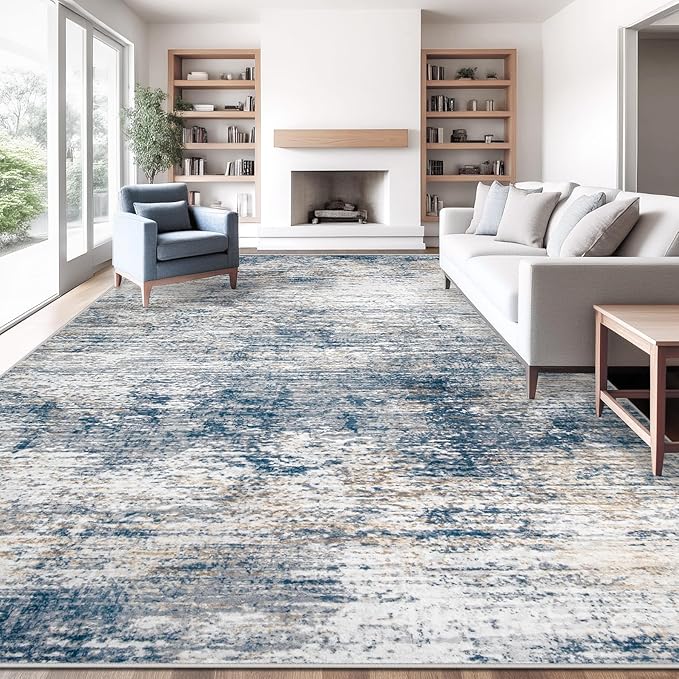 XLUEZ 10x14 Area Rugs for Living Room, Washable Modern Abstract Large Area Rug Neutral Soft Non Slip Kids Rug Stain Resistant Indoor Carpet for Bedroom Dining Room Playroom Office(BlueWhite, 10'x14')