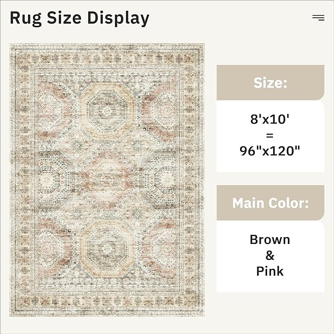 Washable Area Rug 8x10, Large Soft Rugs for Living Room Vintage 8x10 Area Rugs for Bedroom Dining Room Non-Slip Stain Resistant Under Table Brown Pink Rug