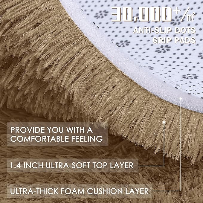 OLANLY Taupe Round Rugs for Bedroom - Machine Washable, 9 ft Circle Area Rugs for Living Room, Soft and Fluffy Shaggy Carpet for Teen Girl and Boys, Nursery Rooms, Dorms, Home Decor Aesthetic
