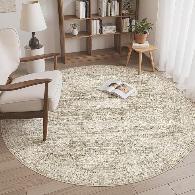 Soalmost 5x5 Brown Round Rug 5ft Living Room Circle Rug Vintage Round Area Rug Non Slip Indoor Carpet for Entryway Dining Room Bedroom