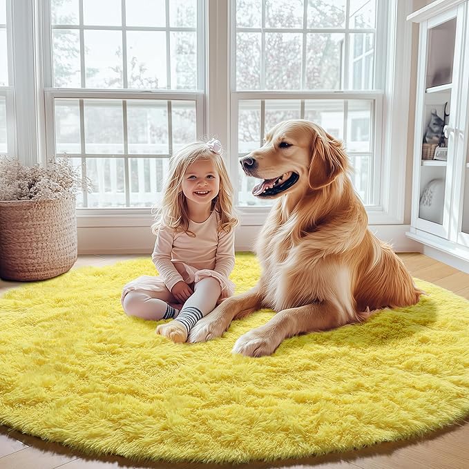 ONASAR Yellow Round Area Rugs 4ft for Bedroom Living Room, Fluffy Circle Rug for Kids Girls Boys Teen, Soft Plush Shaggy Carpet for Nursery Dorm Classroom Playroom Home Decor Aesthetic