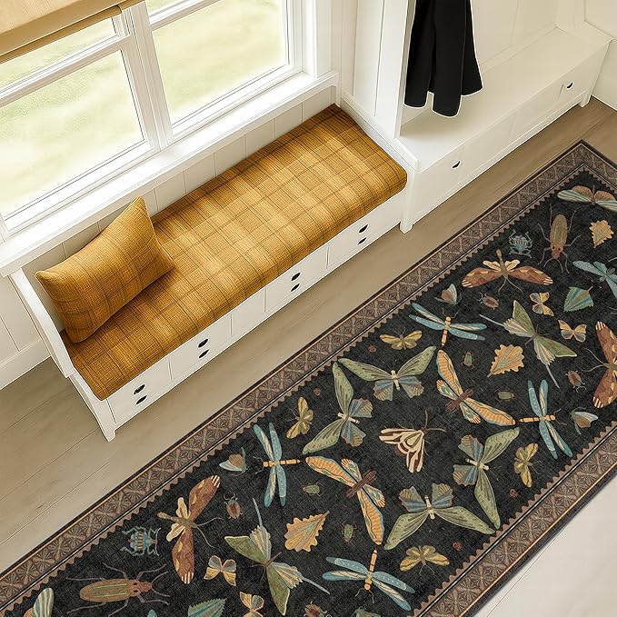Black Insect 2'6"x12' Washable Extra Long Runner Rugs for Hallways, Non Skid Stain Resistant Wide Rug Runners for Kitchen, Entryway, Mudroom, Dark Cottagecore Boho Butterfly Pattern Indoor Décor
