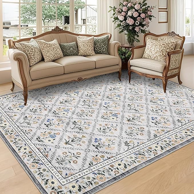 GarveeHome Grey Floral Rug 4x6 Rug Machine Washable Area Rug for Living Room Farmhouse Floral Low Pile for Dining Room, Bedroom Indoor Foldable Non-Slip Grey Beige RV