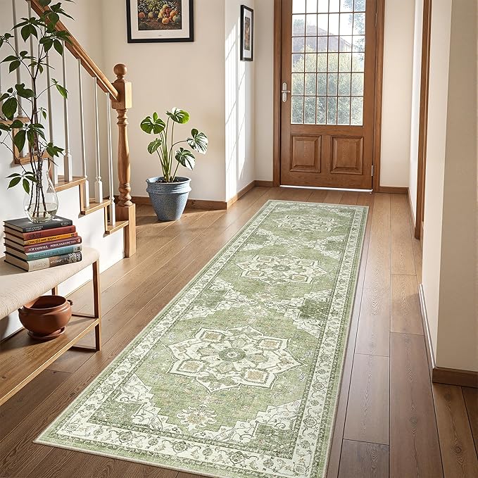 Runner Rug 2x6, Non Slip Washable Rugs for Laundry Room, Runners for Hallways, Low Pile Vintage Soft Rugs for Living Room, Kitchen Bathroom,Bedroom Rug(Light Green,2'x6')