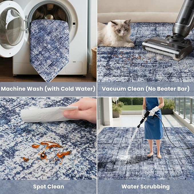 8x10 Area Rugs for Living Room Washable Rug: Anti-Skid Abstract Modern Living Room Rug Soft Thin Carpets Indoor Floor Non-Shedding Carpet for Bedroom Dining Farmhouse Nursery Navy Light Gray