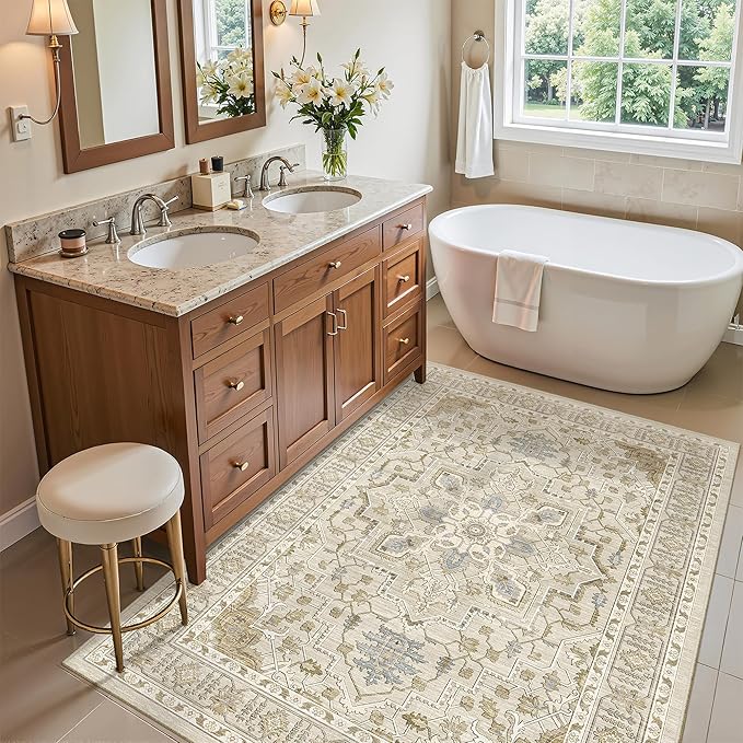 Madane Washable Entry Rug 3x4, Area Rugs for Entryway Kitchen Bathroom Door Mat Indoor Entrance, Vintage Floral Print Office Runner with Non Slip Rubber Backing, Beige/Blue