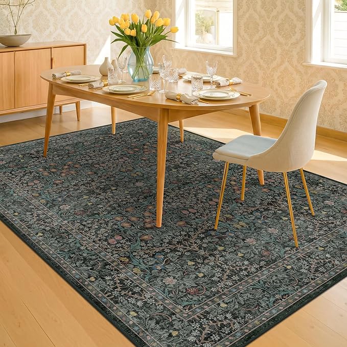Dining Room Rugs for Under Table - 6x8 Washable Dark Green Area Rug for Living Room, Low Pile Non-Slip Floor Carpet for Bedroom - Vintage Design & Stain Resistance