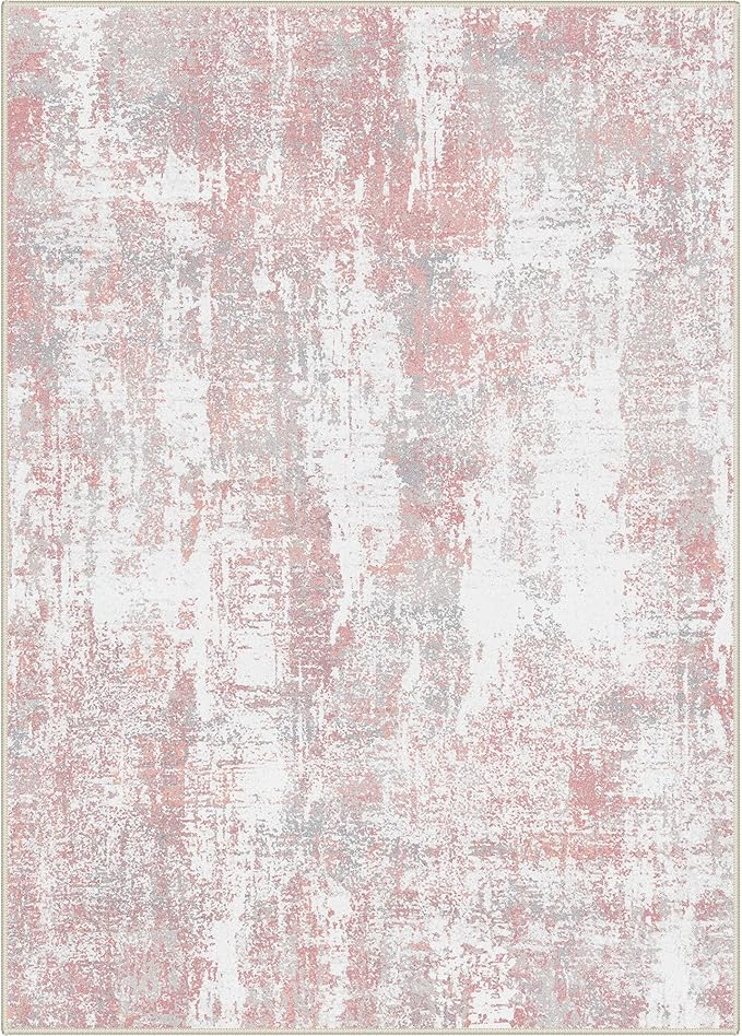 Area Rugs 5x7 for Living Room Bedroom, Modern Abstract Machine Washable Rug, Large Soft Low Pile Floor Carpet with Non Slip Backing for Dining Room, Pink/Grey