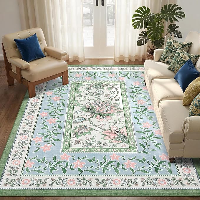 GarveeHome Blue Green Pink Washable 5x7 Area Rugs, Botanical Grove Vintage Cottage core Non-Slip Rug for Bedroom Living Room Nursery Kitchen Low-Pile Retro Carpet