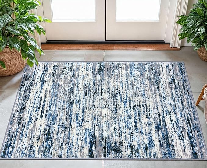 Lansny Modern Abstract Small Area Rug Indoor 3x5 Washable Rug Non-Slip Soft Entryway Rug Grey Blue White Kitchen Mats Thin Print Faux Wool Floor Carpet Throw Rugs for Entrance Bedroom Home Decor